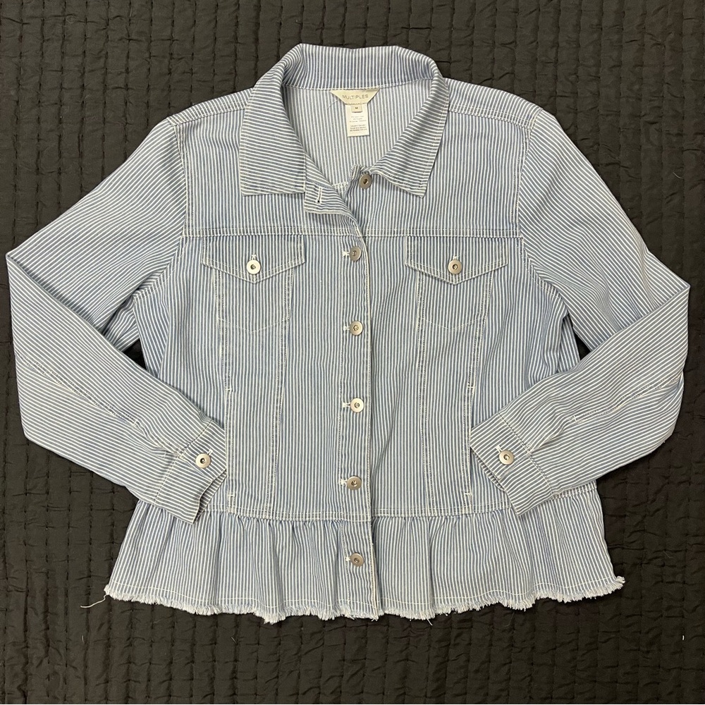 Multiples Blue &White Striped Button Front Peplum Jacket - Sz M - Picture 3 of 8